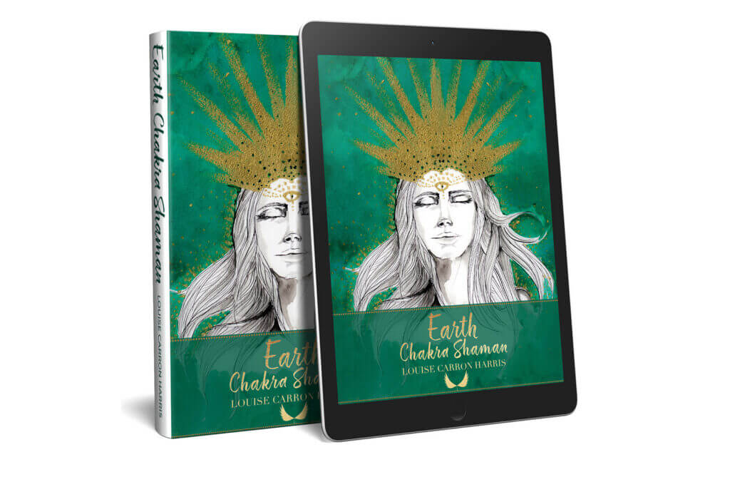 Illustrated book and tablet cover featuring a serene woman with a golden crown against a green background, titled "Earth Chakra Summit." by Louise Carron Harris