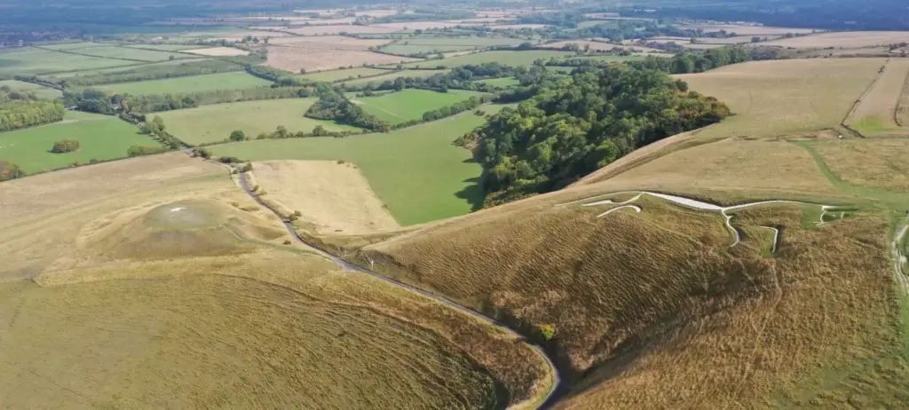 Aerial view of countryside with checkerboard fields and a winding path on a grassy hill.